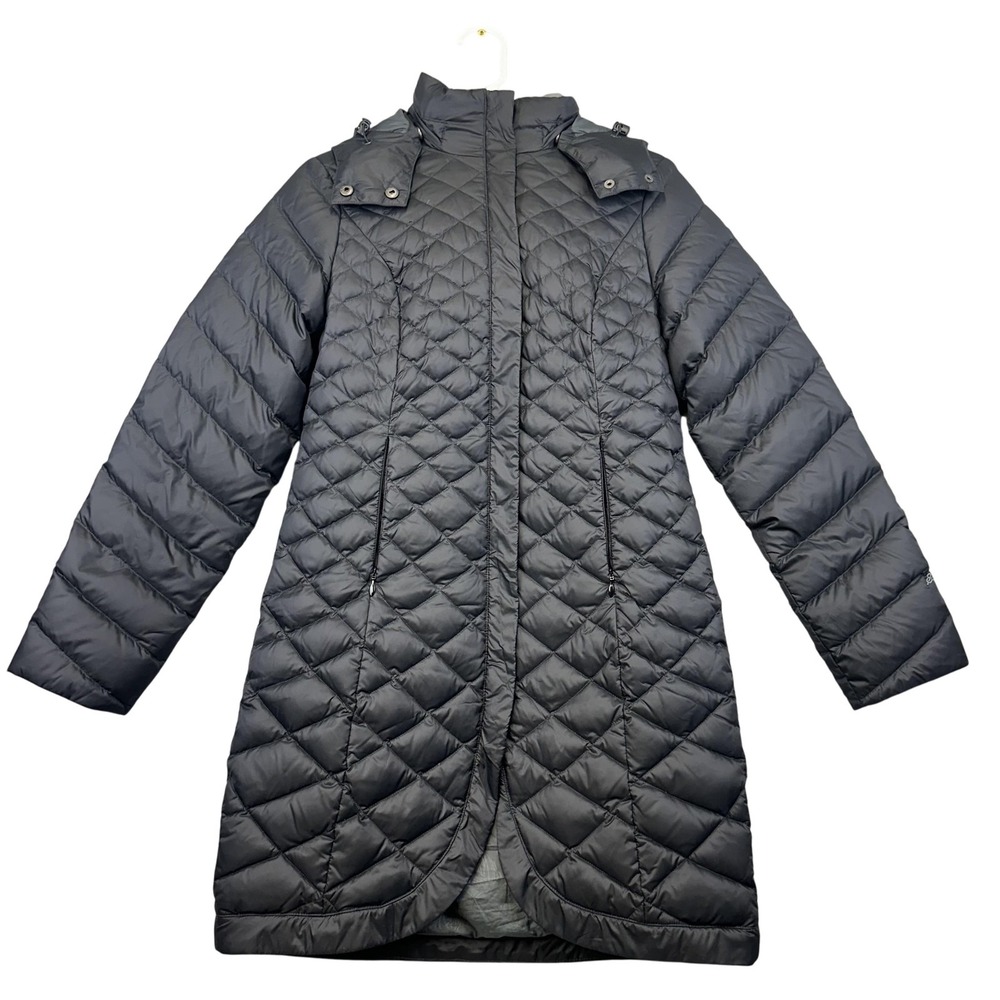 Eddie Bauer Jacket Womens XS Black Quilted Down Long Coat Faux Fur Hood Parka